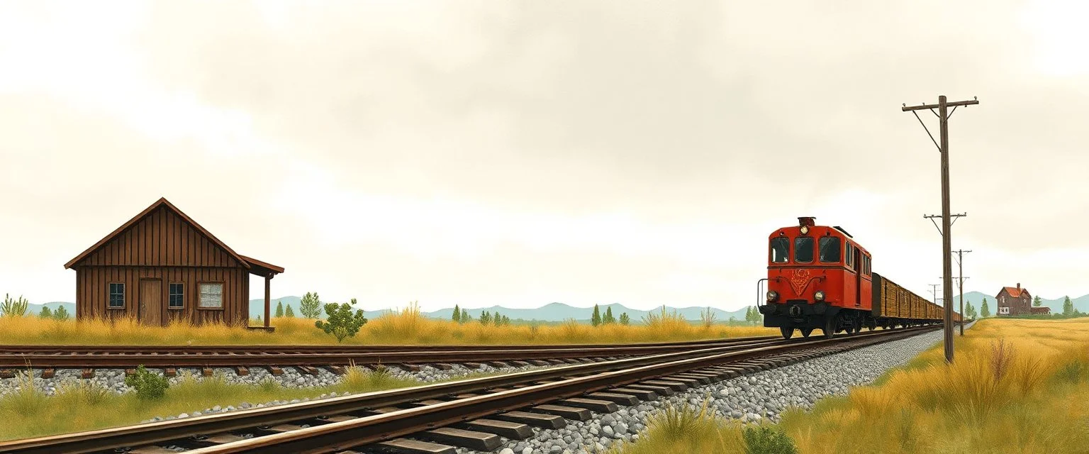 side of old western railway track, overcast sky, vignette children's book illustration