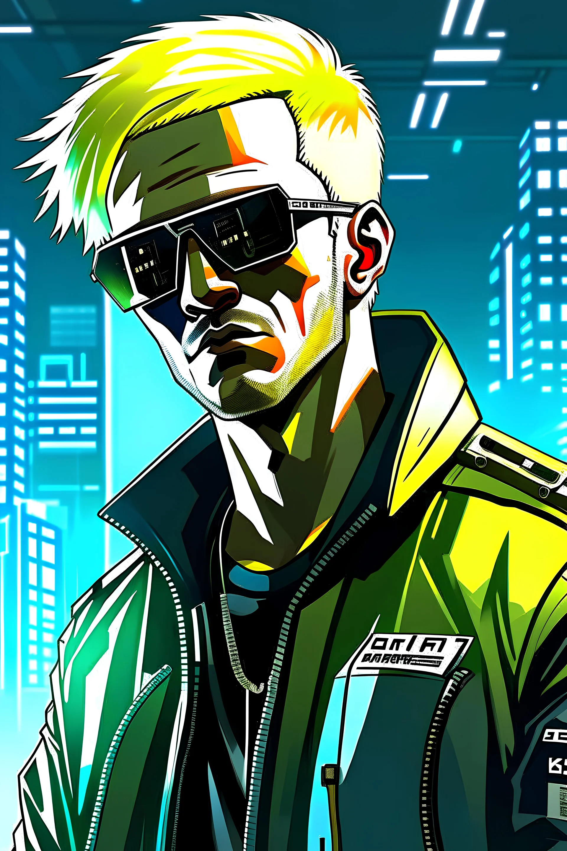 Corporate-raised cyberpunk man, sunglasses, short cropped blond hair, investigative journalist