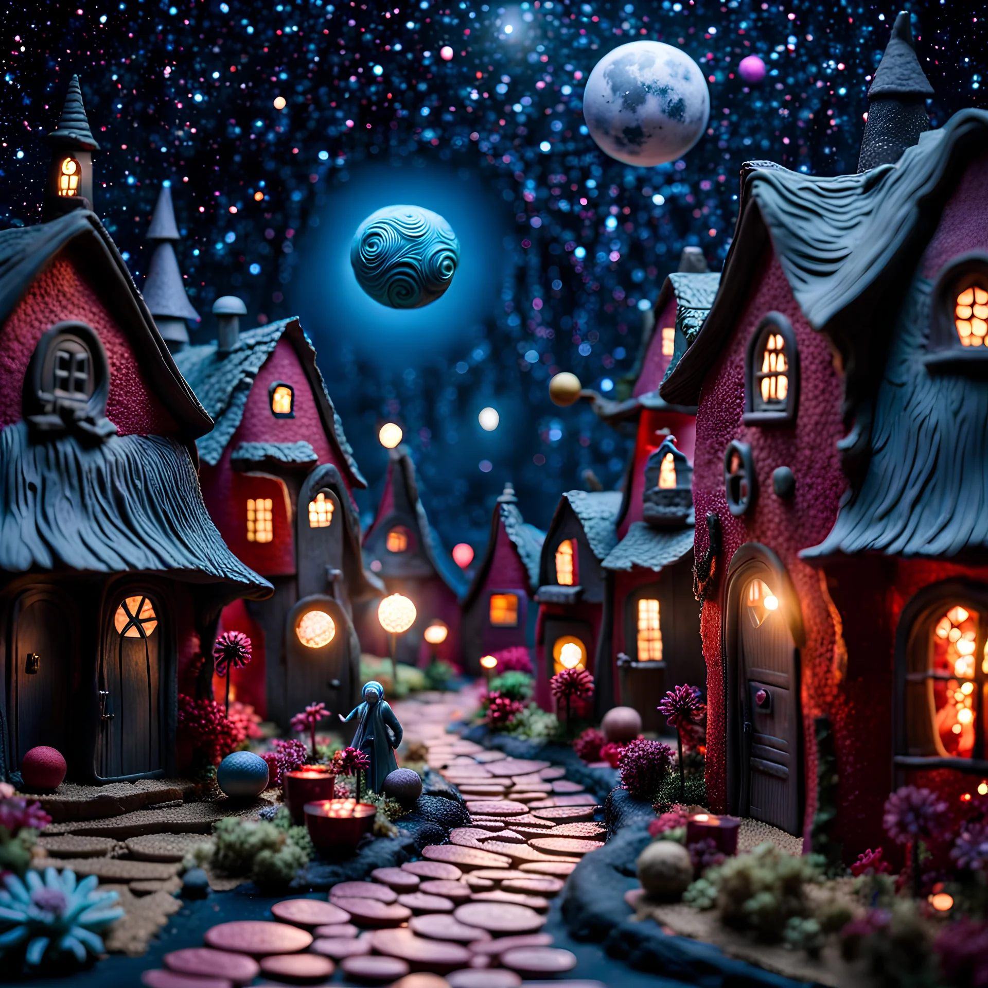 Detailed people, creepy street made of modeling clay, naïve, kh7, village, stars and planets, splimapys, sun, splops, volumetric light flowers, naïve, Tim Burton, strong texture, sgudyut, orero dream, extreme detail, 2mkl, Max Ernst, decal, rich moody colors, sparkles, Harry Potter, bokeh, odd, sbuc