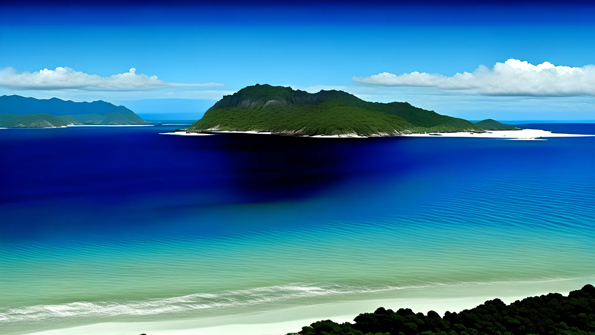 a scenario by the sea in borneo in the 1960s, across the sea there are twin forest mountain islands, one in front and one behind, the one in front is all visible, the one behind is only partially visible, the cliff is made of ordinary cement without engraving, the land is almost land bald because of the crowd. generate horizontal view.