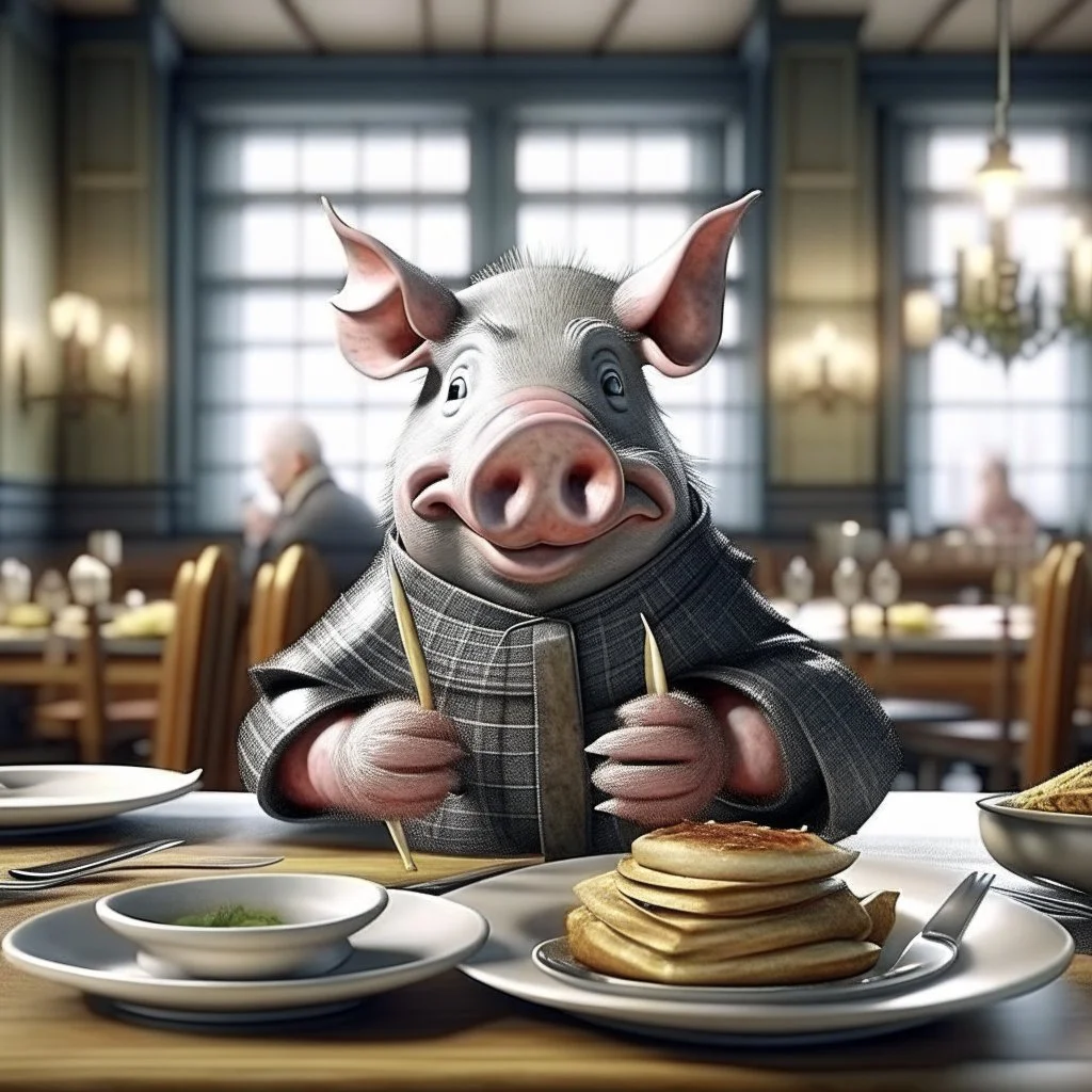 north pole pig holding silverware at a restaurant, realistic