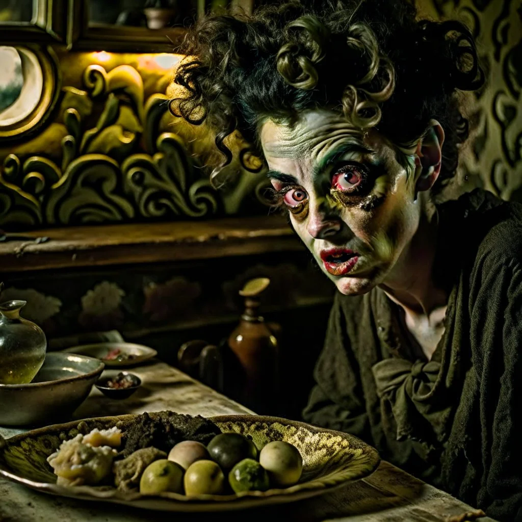 Strong texture, photorealism, Caravaggio, Egon Schiele, hot. Intricate patterns, hypermaximalist. Photo made of inside house, an eerily mysterious, hidden and odd person is eating, a witchy house, sober style, pastel colors. Movie shot, spooky. Sinister scribbles, 33mm photography. Beasts