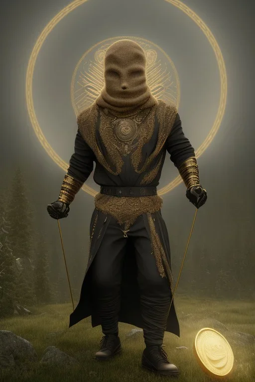 running berserker portrait , no face, black jogging suite , in the night Alps , holding coins , angels background, volumetric gold light, high detail, dark leaf tree, dark mountains in background, perfect, HR Giger style