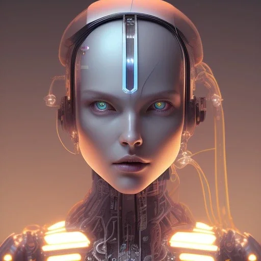 lumen lighting, led lights, <hanging wires> many wires connected to the head<perfect pupil> <cyborg> <garage> <sci-fi futuristic>