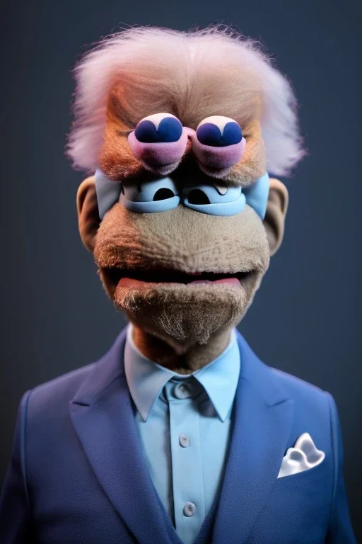 Waist up muppet Portrait, joe Biden as muppet doll, Blue suit retro style, photo studio, blue background, unreal engine 5, concept art, art station, god lights, ray tracing, RTX, lumen lighting, ultra detail, volumetric lighting, 3d.