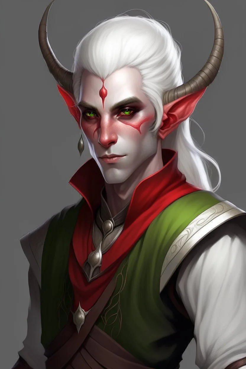 male tiefling red skin with white hair and white eyes rogue