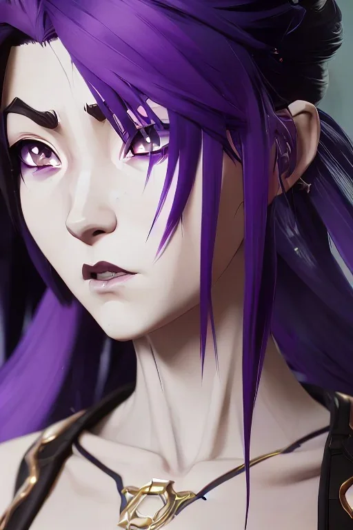 Detailed cute anime Kunoichi girl, purple hair buns, purple bangs, black latex bodysuit, intricate details, full body portrait, keep head in frame, slight smile, black Japanese motif, concept art, highly detailed, digital painting, concept art, sharp focus, illustration, art by Yoji Shinkawa, WLOP and greg rutkowski and alphonse mucha and artgerm and yanjun Chen and Junji ito and Makoto Shinkai, HDR, octane render