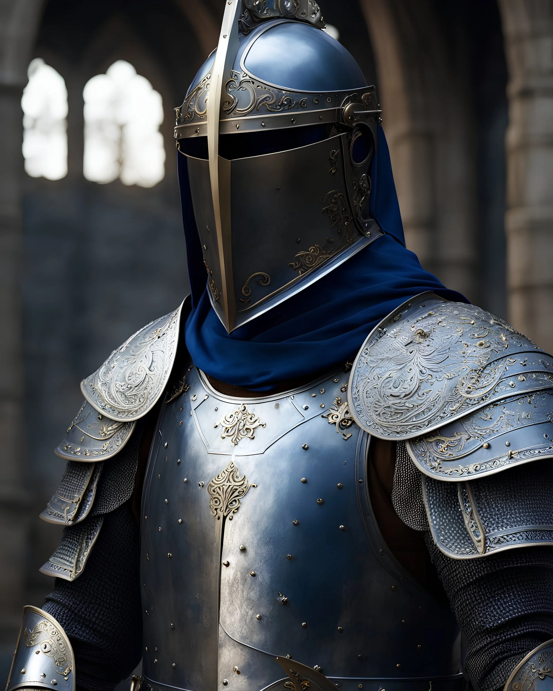 details, 8k, cinematic, ultrarealistic, medieval costume, highly detailed, kodak ultra max 800, intricate. a noble knight wearing steel plate armour with a medieval helmet covering his face. The tabard on the armour is dark blue and white. There are cloth bits and pieces attached to the armour that are coloured the same dark blue. He is holding a greatsword.