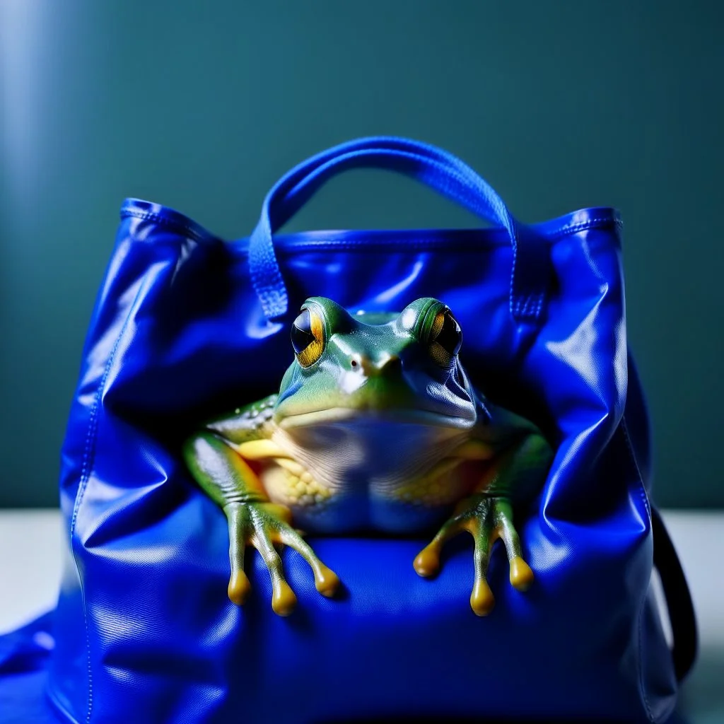 a frog wearing a blue ikea bag