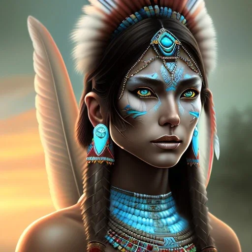 war painted pueblo Indian female, dark, disturbed expression.intricate detailethnically accurate face, intricate head dress, detailed make-up, detailed turquoise jewelry, detailed hair, detailed feathers, use dynamic palette, accurate proportions, high contrast.korra style