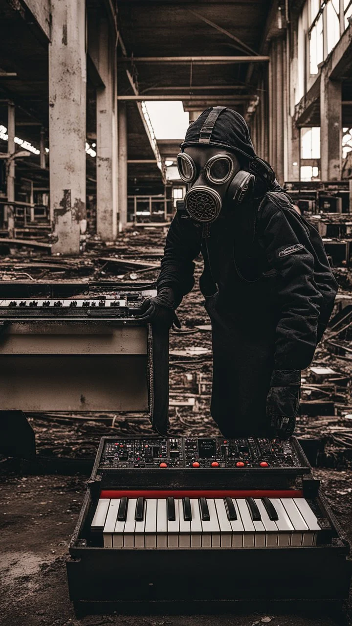 a person with a gas mask in an abandoned big massive factory, playing with a modular synth piano