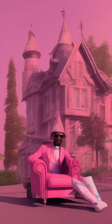 Snoop dogg. a chair. pink houses, pink sky, pink smoke, trees, outdoors.