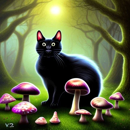 Black cat sitting, mushrooms in a psychedelic forest