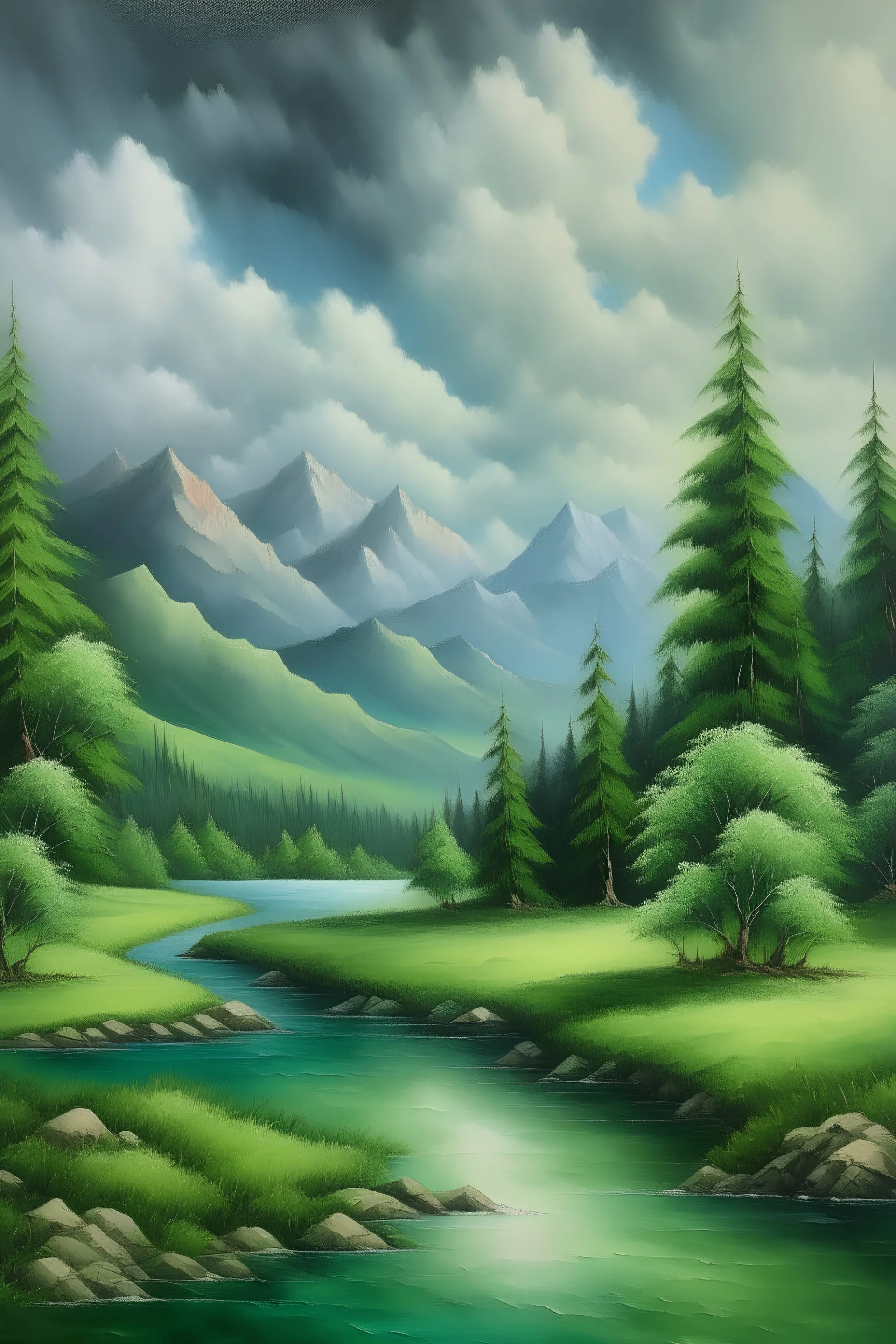 Nature's Serenity: Green Trees, Rivers, Mountains, and Clouds" oil painting