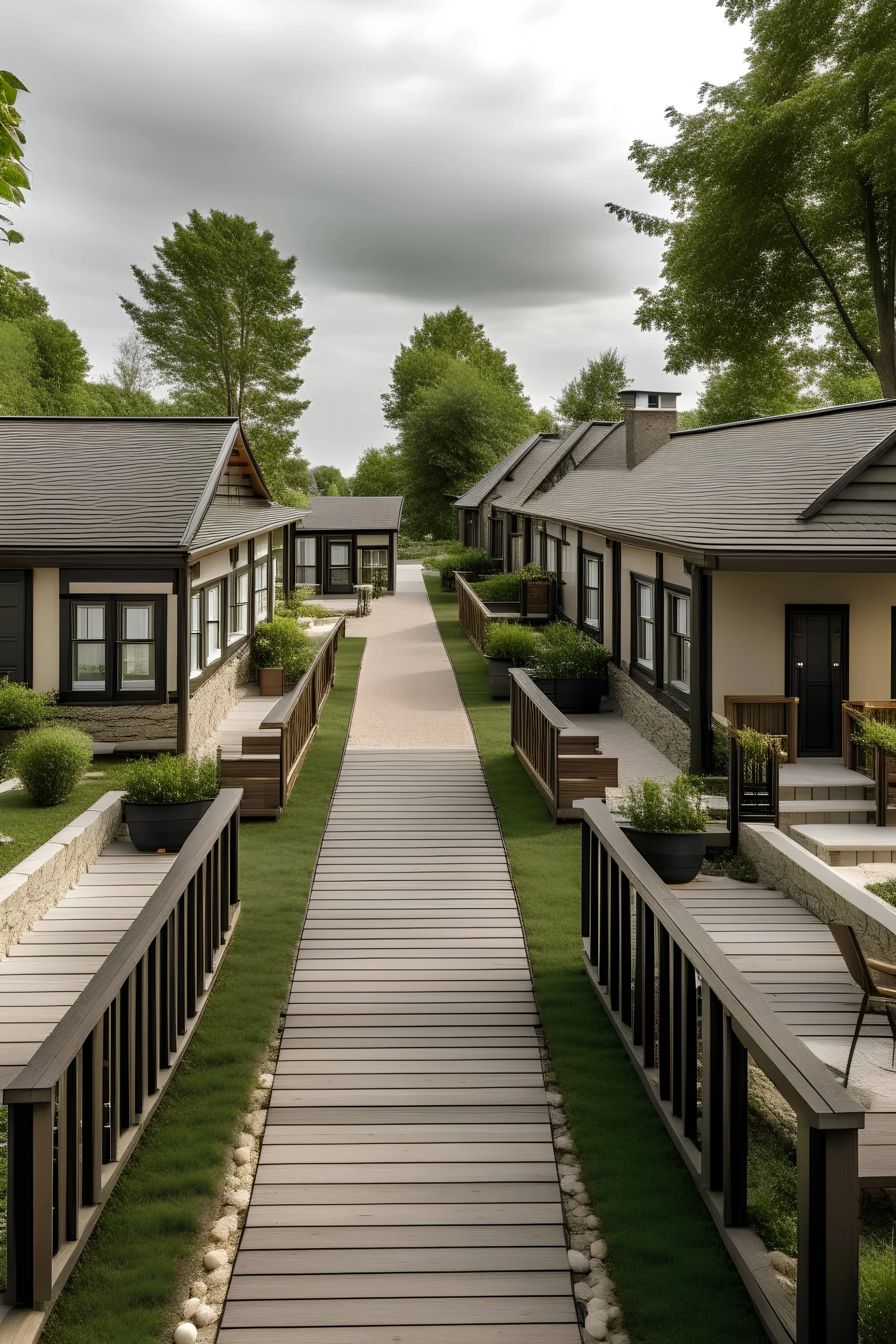 5 cottages on the left and the right with a center walkway and a backyard deck with a outdoor kitchen