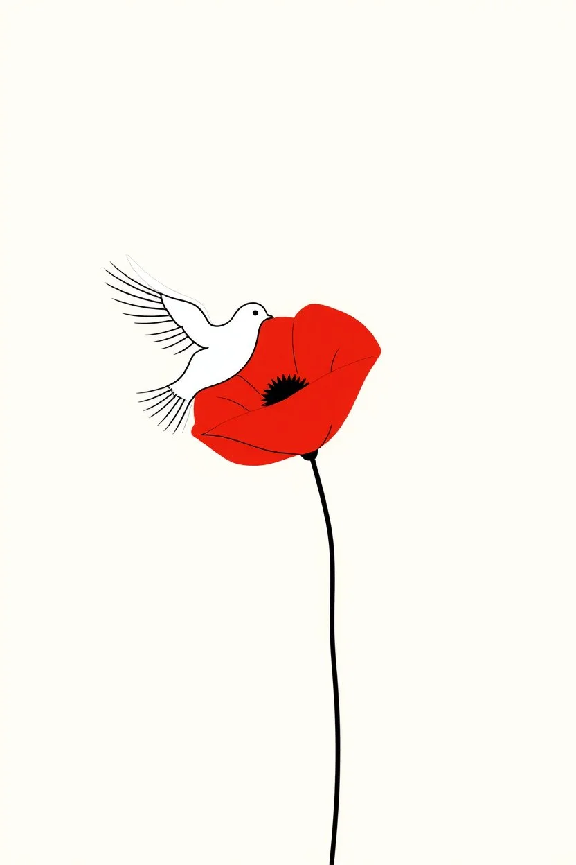 simple outline of a red poppy with a white dove flying over it