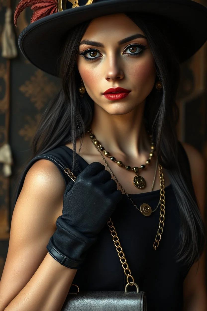 adult, woman, necklace, steampunk hat, delicate features, unique style, realistic skin tone, dark eyes, dark lips, regal rebell-steampunk dress, dark dress, black elbow gloves, long hair, holding an metal, chain-velvet bag, ethno steampunk style, whimsical vibe, high detalied, realistic, cinematic, random ethno-steampunk background