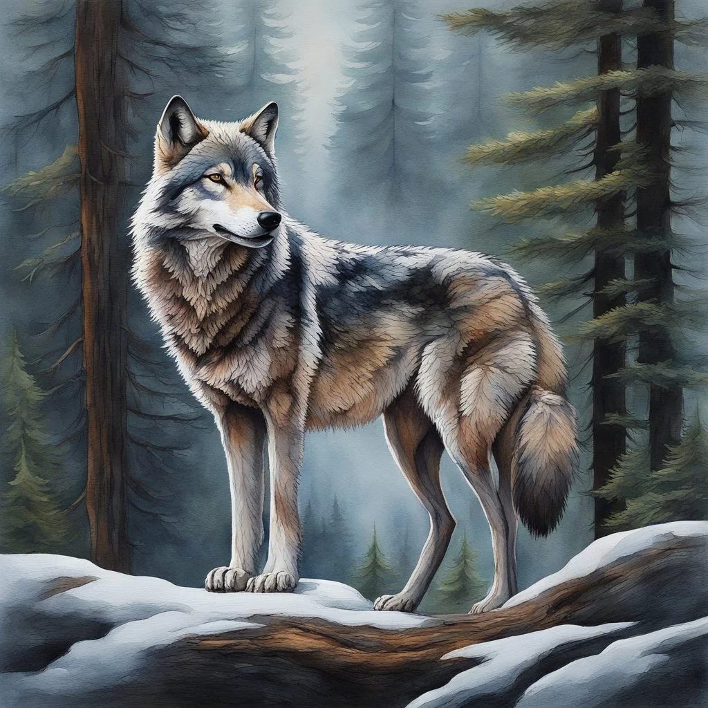 A mesmerizing painting that showcases the captivating beauty of a wolf. The wolf's body is intricately detailed, with its fur rendered in a myriad of textures and shades. At the center of the wolf's body, a stunning watercolor landscape unfolds, capturing the serene atmosphere of a foggy forest. Towering pine trees rise above the mist, their branches delicately outlined against the soft, green sky. A silhouette of a deer stands at the forest's base, gazing intently into the distance. The predomi