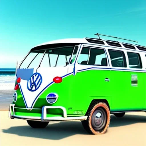 old Volkswagen partyvan, green color van, funny colored, partyvan on the beach, sunny beach, sunny weather, beach party, party people, party, realistic, ultra high quality, unreal engine, cinematic, surfing, palms, palm beach, beach, sandy, professional photography, ultra resolution