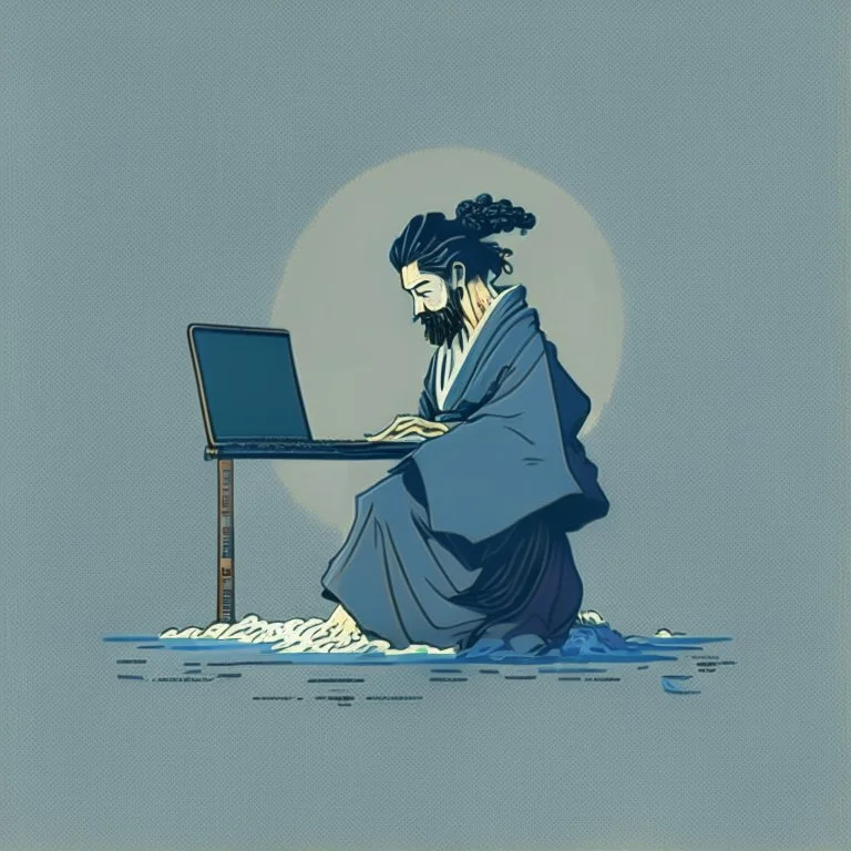 minimalistic programmer in the style of hokusai