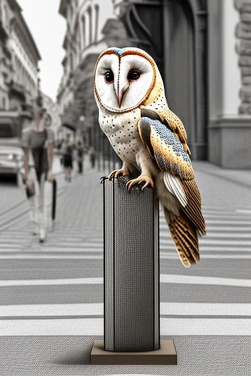 One single mature barn owl, playing guitar in the street , Vienna, friendly, sunny day, model style, hyper realistic, extremely accurate, delicate, extremely detailed, Graphic novel style, wide-angle, open aperture, superfine pencil