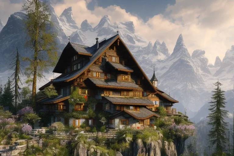 a swiss house in the mountains as far cry 4 concept art, spring season, beautiful, gorgeous buildings, oil painting, painting by viktor vasnetsov, concept art, fantasy landscape, swiss architecture, cryengine 5 enterprise engine, volumetric lighting, volumetric clouds, painting by ivan shishkin, hyperborea, hires, trending on artstation