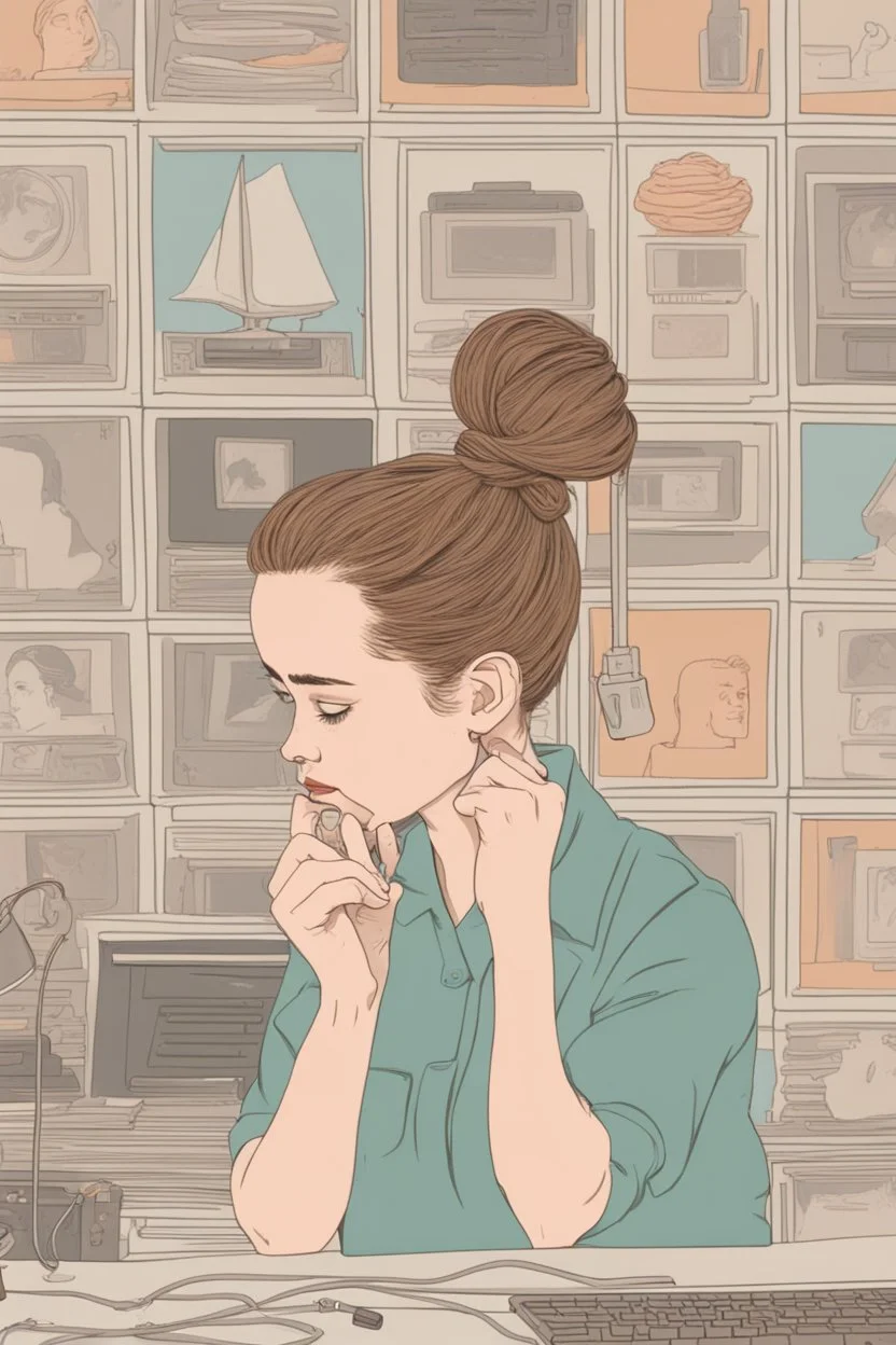 girl with messy bun working on a dsk. wes anderson