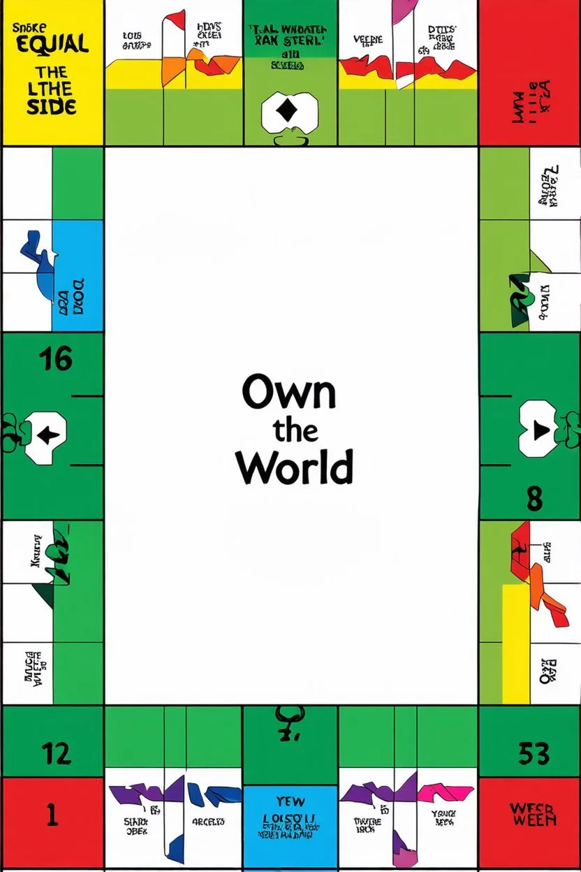 create a custom monopoly style board GAME with: EQUAL SIDES 12 SQUARE EACH SIDE WITH A BIG SQUARE IN THE MIDDLE. MAKE THE WRITING IN THE MIDDLE SAY OWN THE WORLD ,
