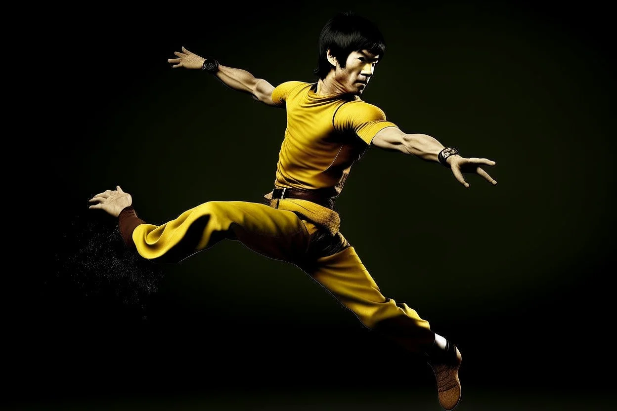 bruce lee,photo realism,in,his,prime,doing,flying,kick