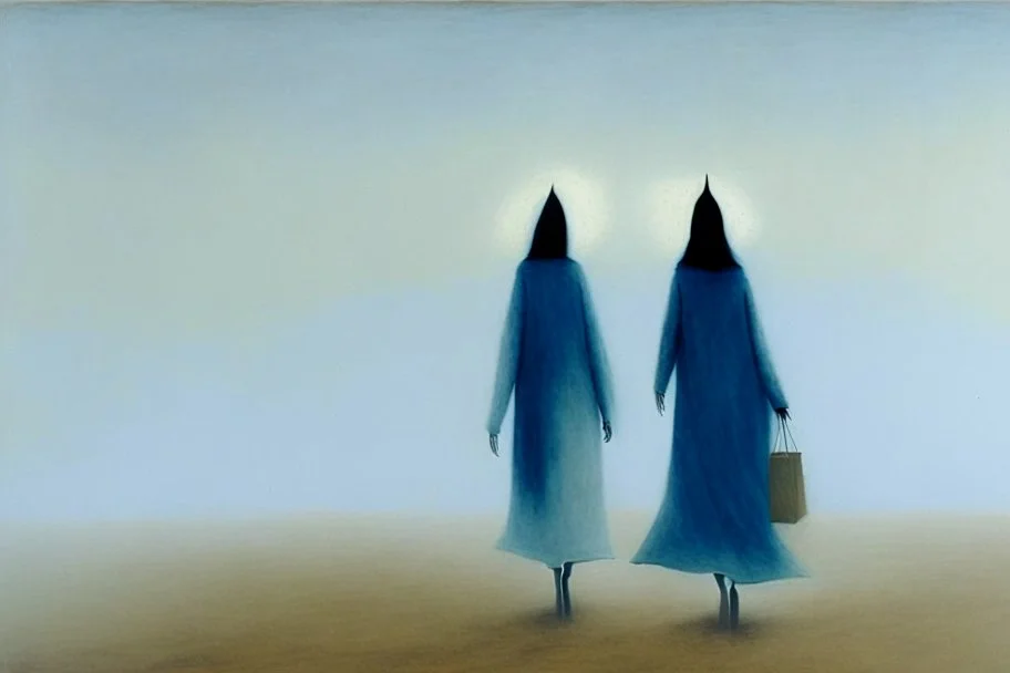 two people without gender seen from behind walking side by side in an empty foggy plain, above there is blue sky by artist "Leonora Carrington"