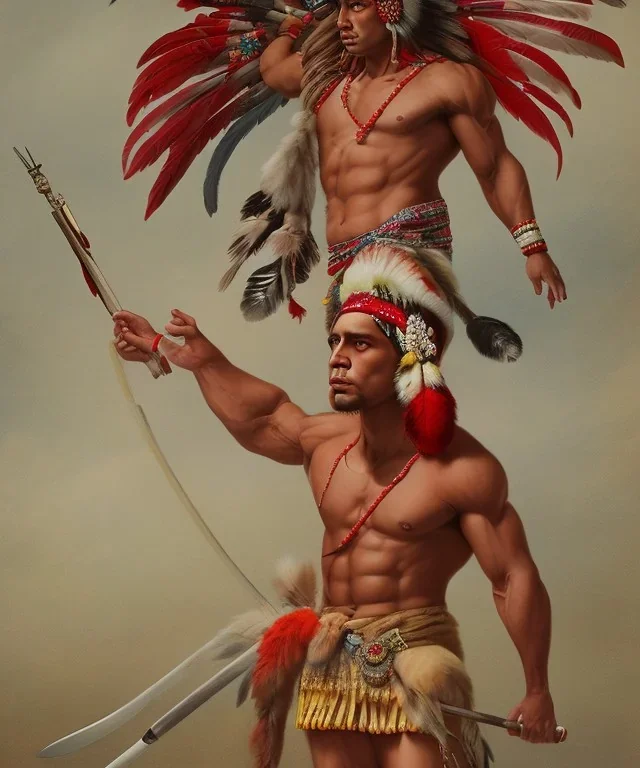 Guaicaipuro, native american god warrior, big muscles, red feathers headdress, shirtless, holding a stone tip spear