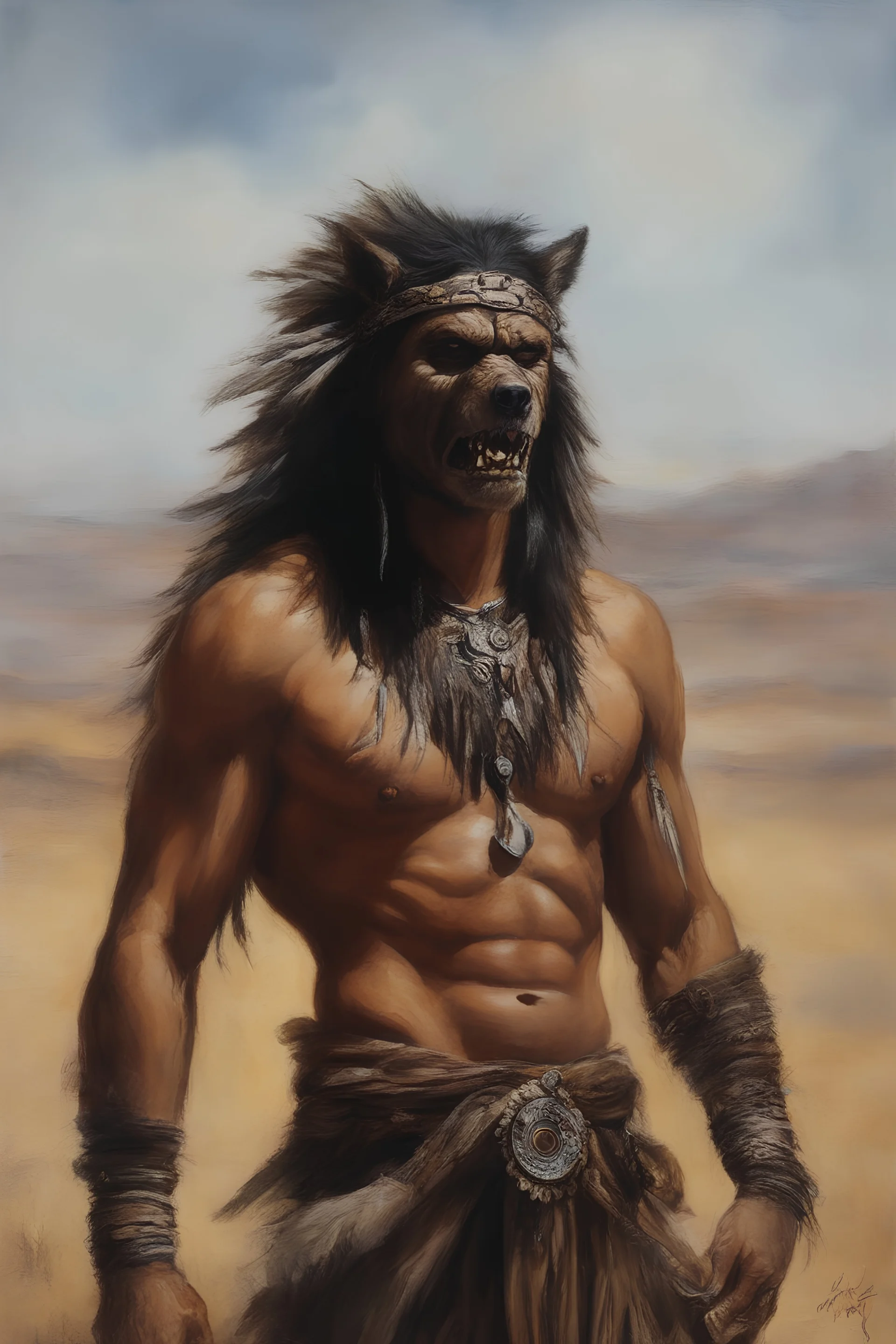 head to waist - native American Indian werewolf - craggy desert wasteland background, 32k, UHD, Hyper-realistic oil painting by Gerald Brom