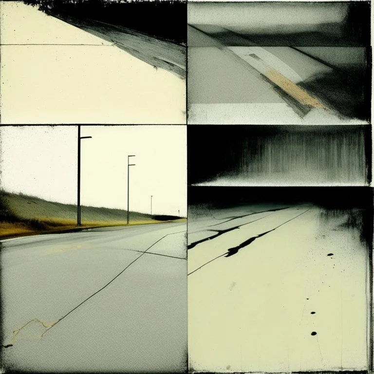 Minimal abstract oil paintings desolate 1960s carpark concrete fragments style of Justin Mortimer and Francis Bacon. road markings.