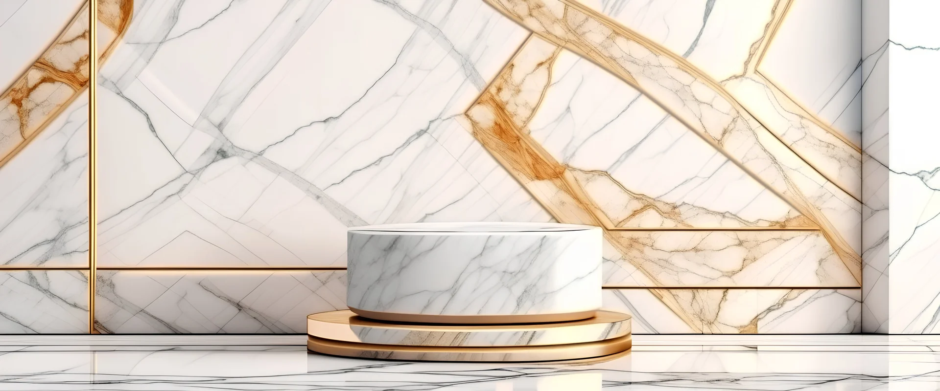 Original beautiful background image for presentations product with natural composition. Marble pedestal on wooden base against wall