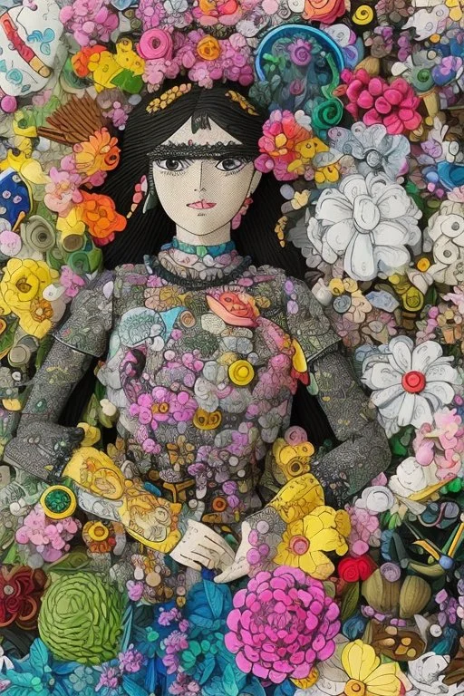 'Doll Parts" depicts a statue at Burning Man consisting of mismatched doll parts decorated with intricately detailed quilling consisting of flowers, foliage, feathers, shells, fossils, wood, pinecones, and gemstones; surrealism; Salvador Dali; Mixed media, quilling, rapturous, award-winning, intricate, insanely detailed, elegant, fantasy