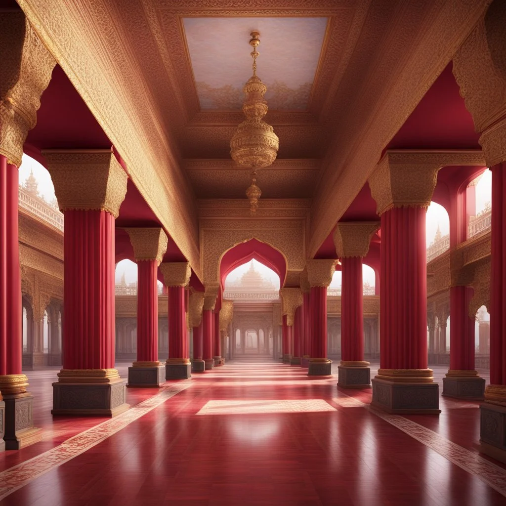 Hyper Realistic Traditional Palace's Hall With Traditionally Crafted Maroon Arches And Red Pillars With Golden Work.