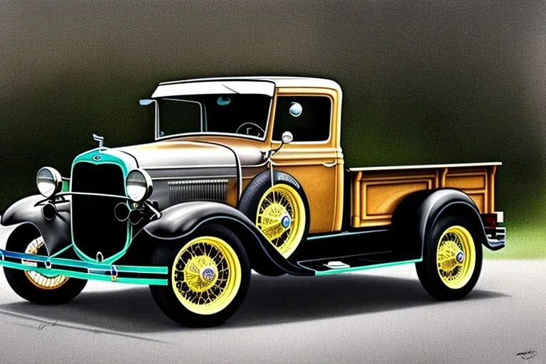 a true-to-life 1930 ford model a pickup, classic wheels, centered, intricate, extreme detailed, photorealism, center view, suburb background, pivot on ford, pen and color marker, painting by cheryl kelley