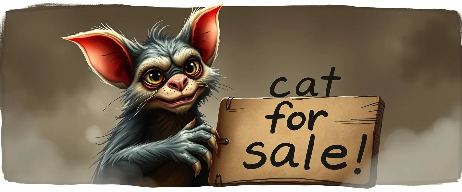 air brush 3d with pen outline, mongrel goblin gremlin looking at sign with big cute cat monster saying "cat for sale" with blurred shadow outline, charcoal fog border