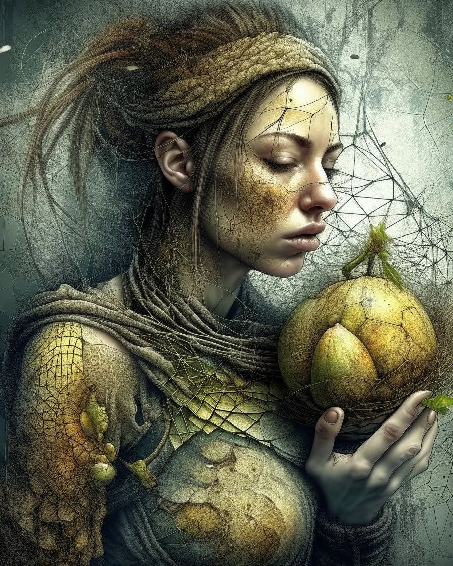 Grunge, woman as a decaying dried out Pear intricately showing its internal structure and seeds, cyberpunk, ultra unique natural textures, slight imperfections, vray. Modifiers: fantasy intricate dynamic lighting fantastic view hyperrealistic Unreal Engine matte background cinematic postprocessing VRay acrylic art pencil sketch creepy art station Gustave Klimt wet on wet watercolor Double exposure wet on wet Craig Rutkowski intricate fantasy