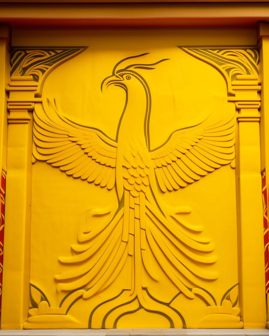 A light yellow temple with a glowing phoenix designed in ancient Egyptian hieroglyphics painted by Henri Matisse