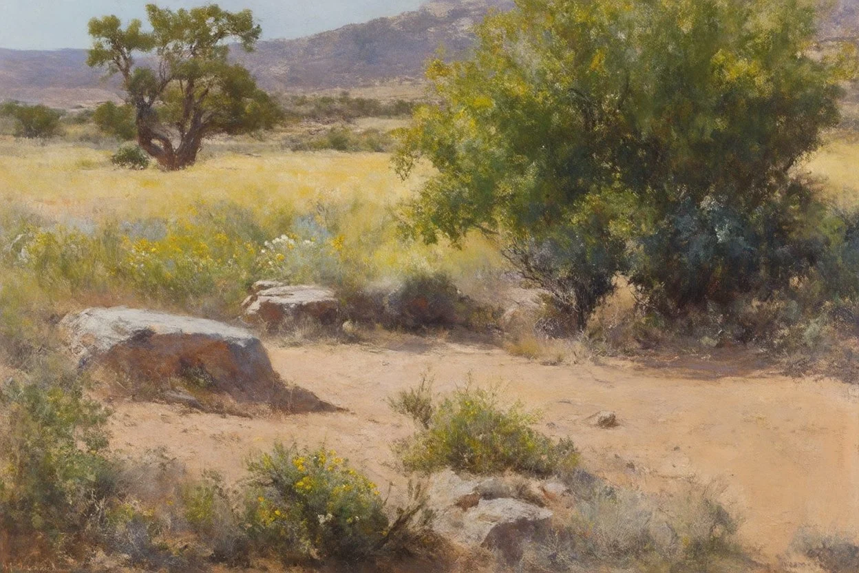 Sunny day, trees, flowers, rocks, arid land, vegetations, distant rocky mountains, sci-fi, willem maris, and otto pippel paintings