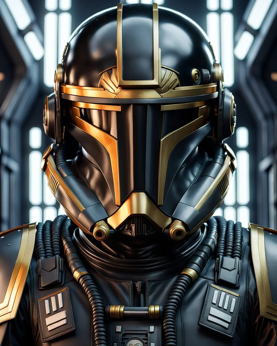 star wars bald male corellian pilot wearing dark gunmetal grey and black First Order special forces TIE pilot armored flightsuit and helmet with gold trim inside the jedi temple, centered head and shoulders portrait, hyperdetailed, dynamic lighting, hyperdetailed background, 8k resolution, volumetric lighting, light skin, fully symmetric details