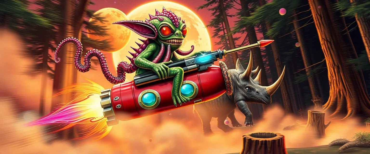 hairy macho gremlin octopus lizard aliens living in a hi tech marvellous hot dog art graphics and gems on rocket with a mounted sling shot mega harpoon, heading for venus , background motion blur and smoke swirls, and cheeky slug rhino through giant forest with thick tree stumps