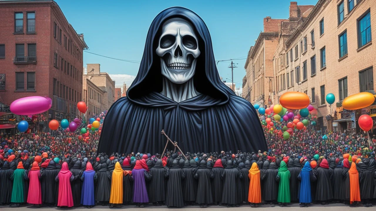 200 ft tall floating cartoonish jesus parade balloon pulled by multiple grim reapers, multi colored, bright, vivid, psychedelic, high detailed, high gloss, insanely detailed, matte, horrorcore, lining the street, unsettling contrast, monument to death, live action shot grim reaper parade, pulling a jesus parade float
