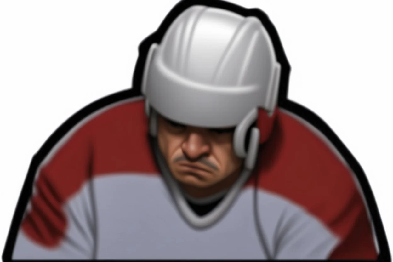 angry pouting with head down wearing a hockey helmet, vector line art cartoon