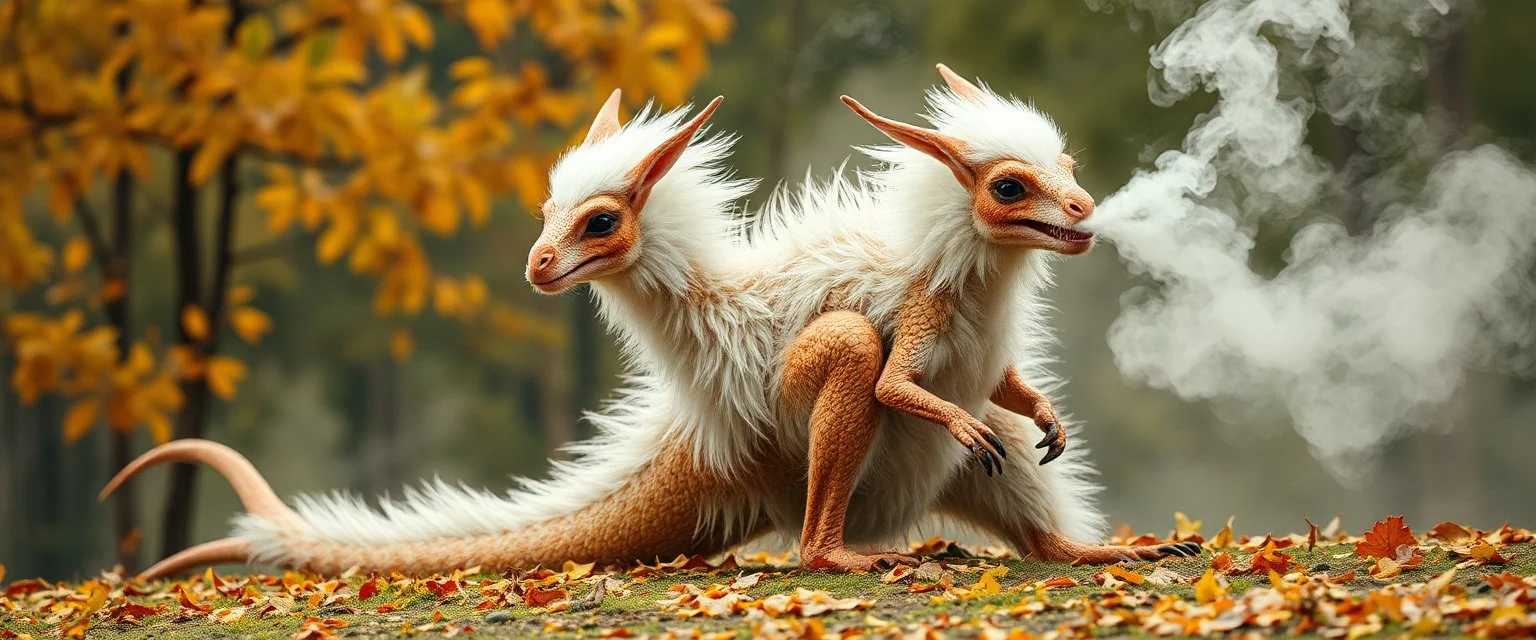 kangaroo dragon with white fluffy whool in autumn, breathing smoke