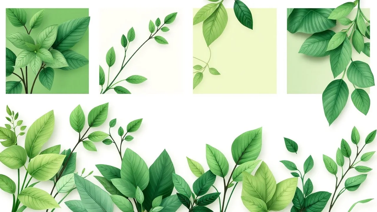 Generate an image of a lush, vibrant, and soothing green color palette featuring various shades of emerald, lime, and mint, with intricate foliage and leaf patterns, set against a gentle, creamy white background, evoking feelings of serenity and harmony.