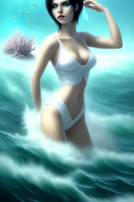 black hair muse with white top in the ocean