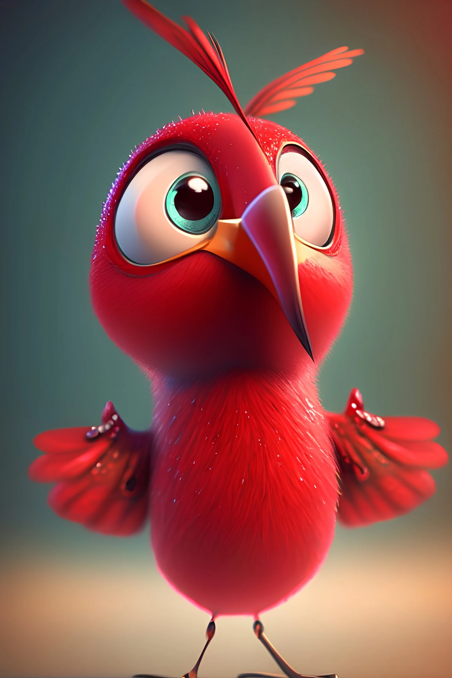 pixar style, red cartoon hummingbird mascot with adorable eyes, friendly, waving to the camera, cinematic lighting