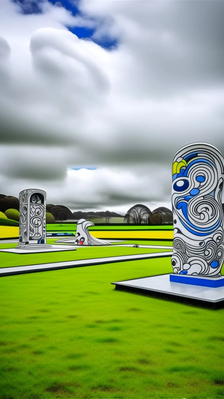 A white cloudy sky with an athletic sport field designed in Maori sculptures painted by Roy Lichtenstein